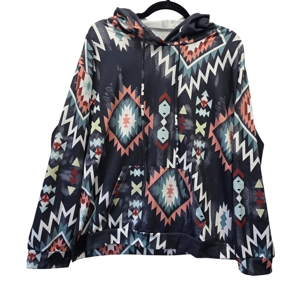 Southwestern Aztec Print Hoodie Womens Large Blue Coral‎ Geometric Sweatshirt